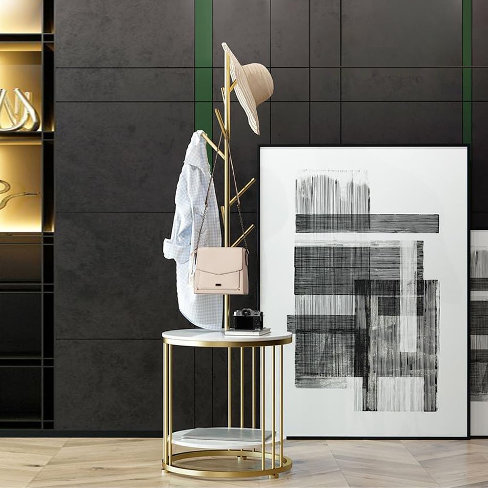 Gold/Black Metal Coat Rack Freestanding Hanging 7 Hook with Round ...