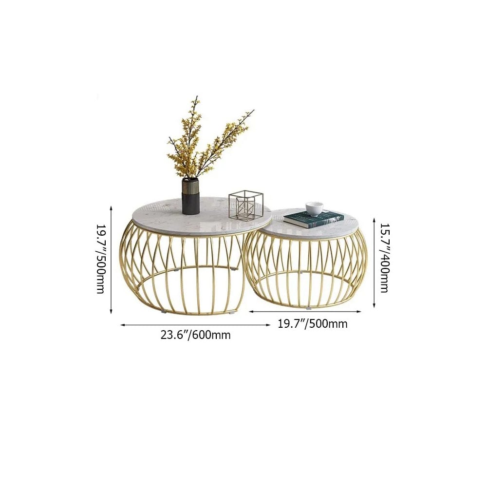 Modern Round Coffee Table Set with Marble Top & Metal Frame 2-Piece Black window image