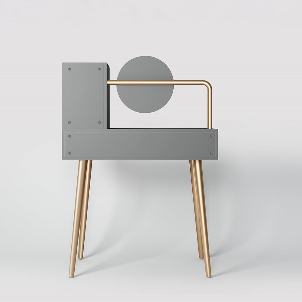 Table de maquillage gris nordique avec miroir à 2 tiroirs et tabouret inclus en or image de fenêtre