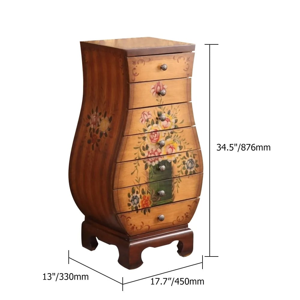 21" Vintage Rustic Chest of 7 Drawers Vase-Shaped Floral Surface Storage Cabinet in Walnut