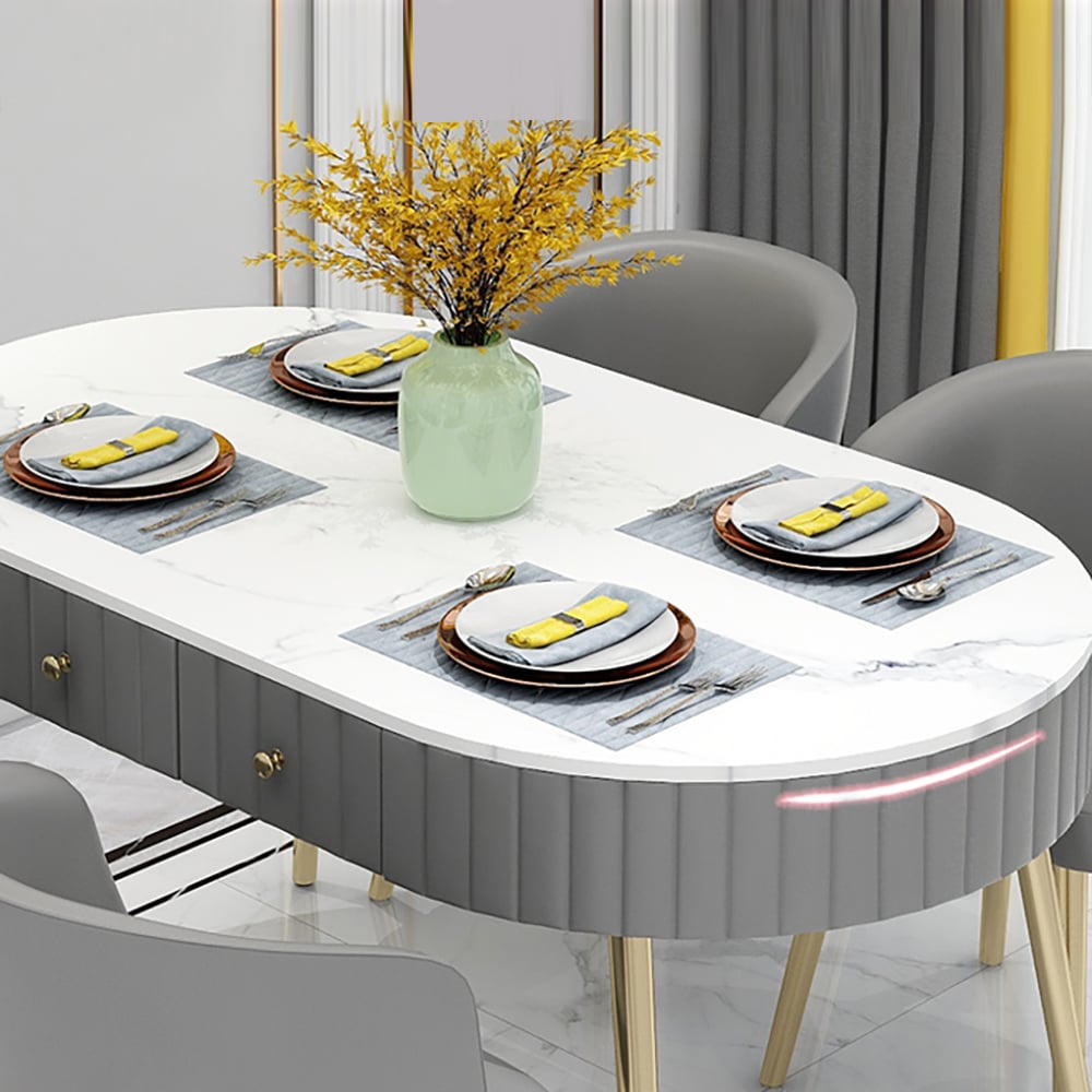 Grey Oval Dining Table with Drawer Marble Top & Metal Legs window image