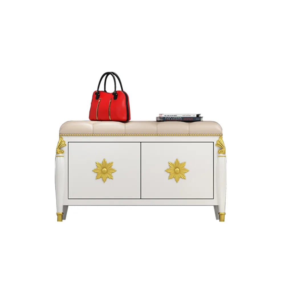 800mm White Retro Storage Bench Shoe Rack with Leather Upholstered Seat window image