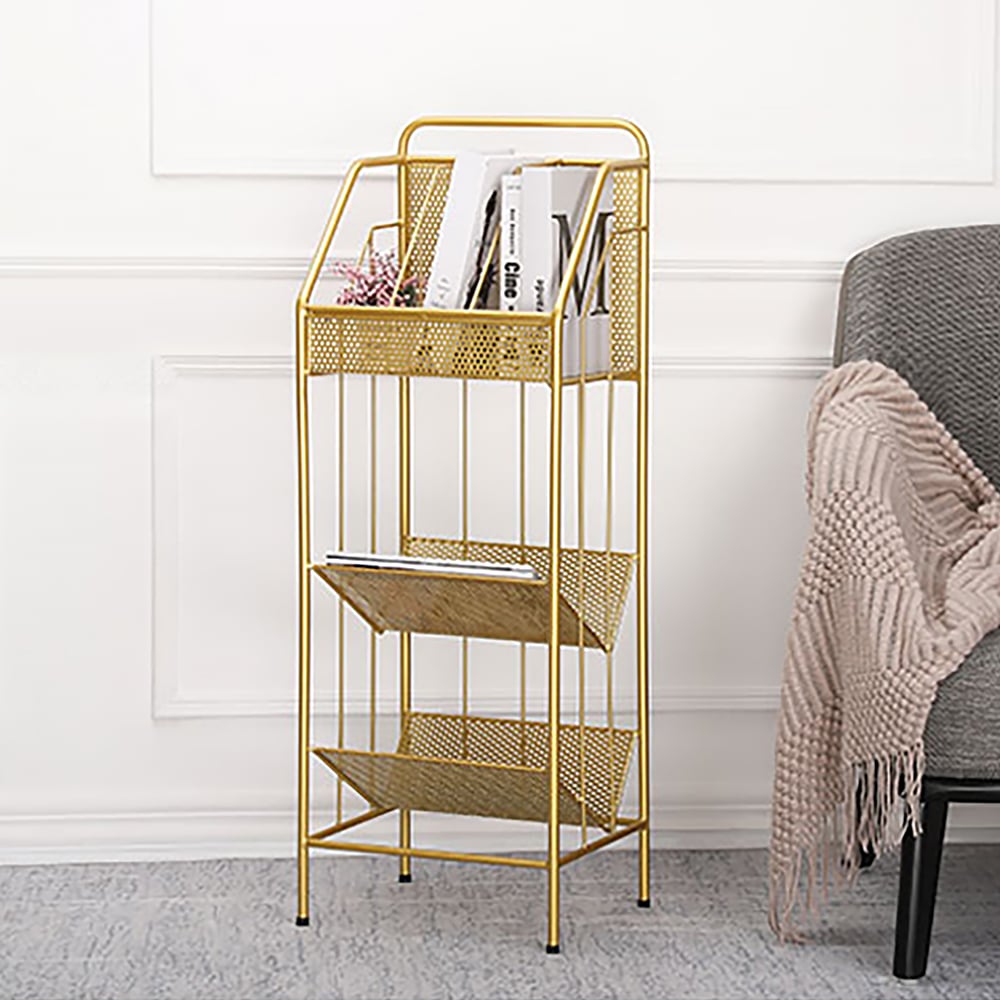 Librería con estantería rectangular moderna de 3 niveles dorada de 990 mm Imagen de ventana