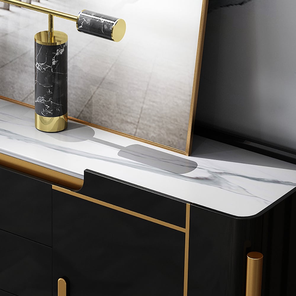 Modern White and Black Sideboard Cabinet with Drawers & Faux Marble Top Gold Legs window image
