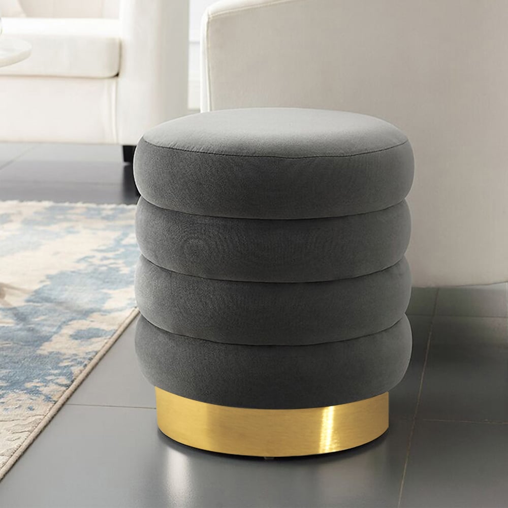 Grey Round Tufting Stool Upholstered Velvet Footrest Makeup Stool Ottoman window image