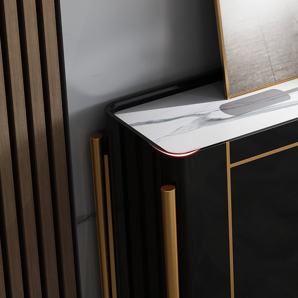Modern White and Black Sideboard Cabinet with Drawers & Faux Marble Top Gold Legs window image