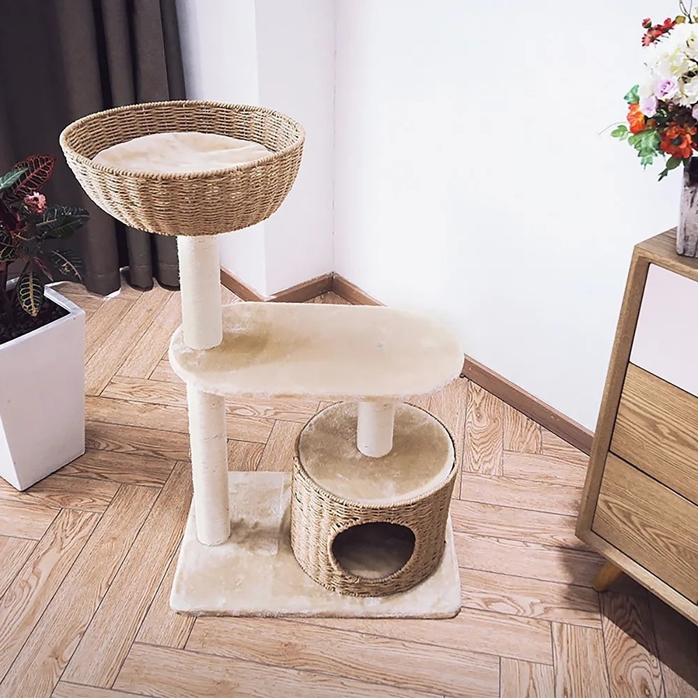 37.8" Woven Cat Tree Pet Nest and Condo Velvet Sisal Scratching Post 3 Tier window image