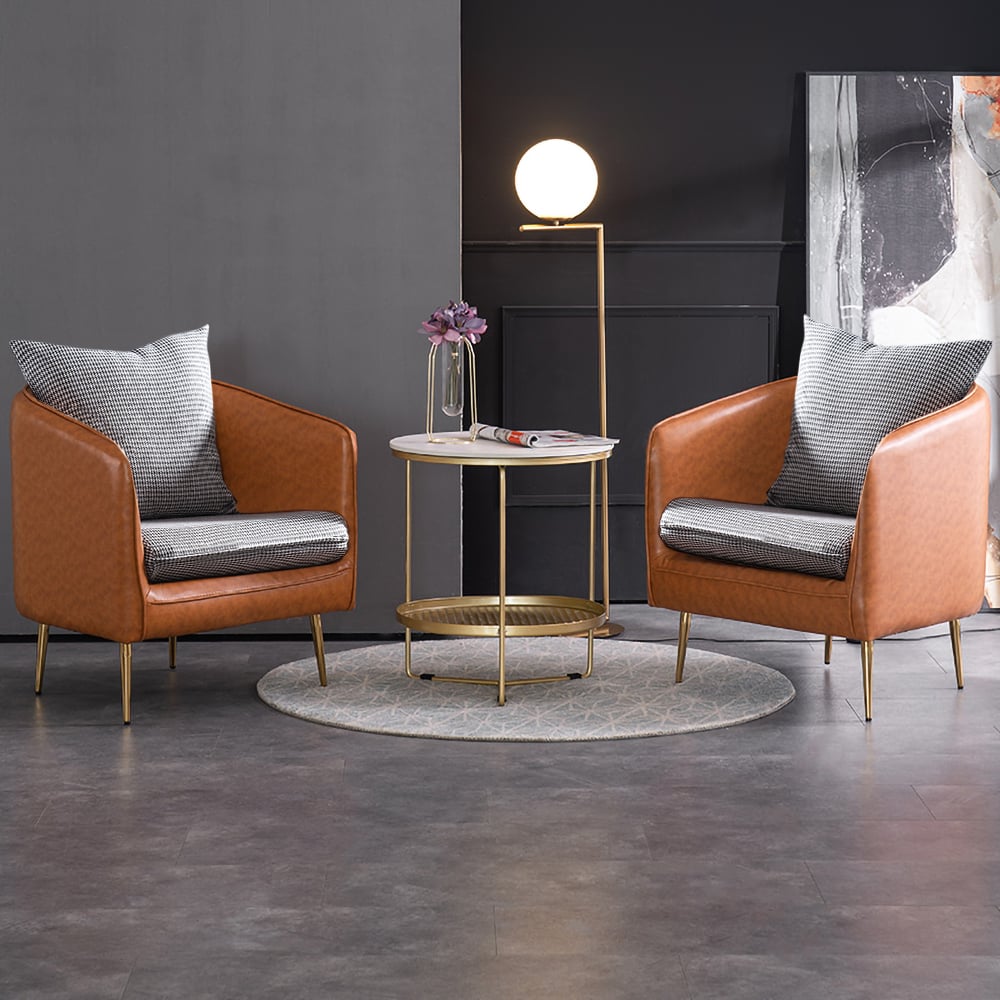 Brown Barrel Accent Chair Upholstered PU Leather&Linen Houndstooth Chair Pillow Included window image