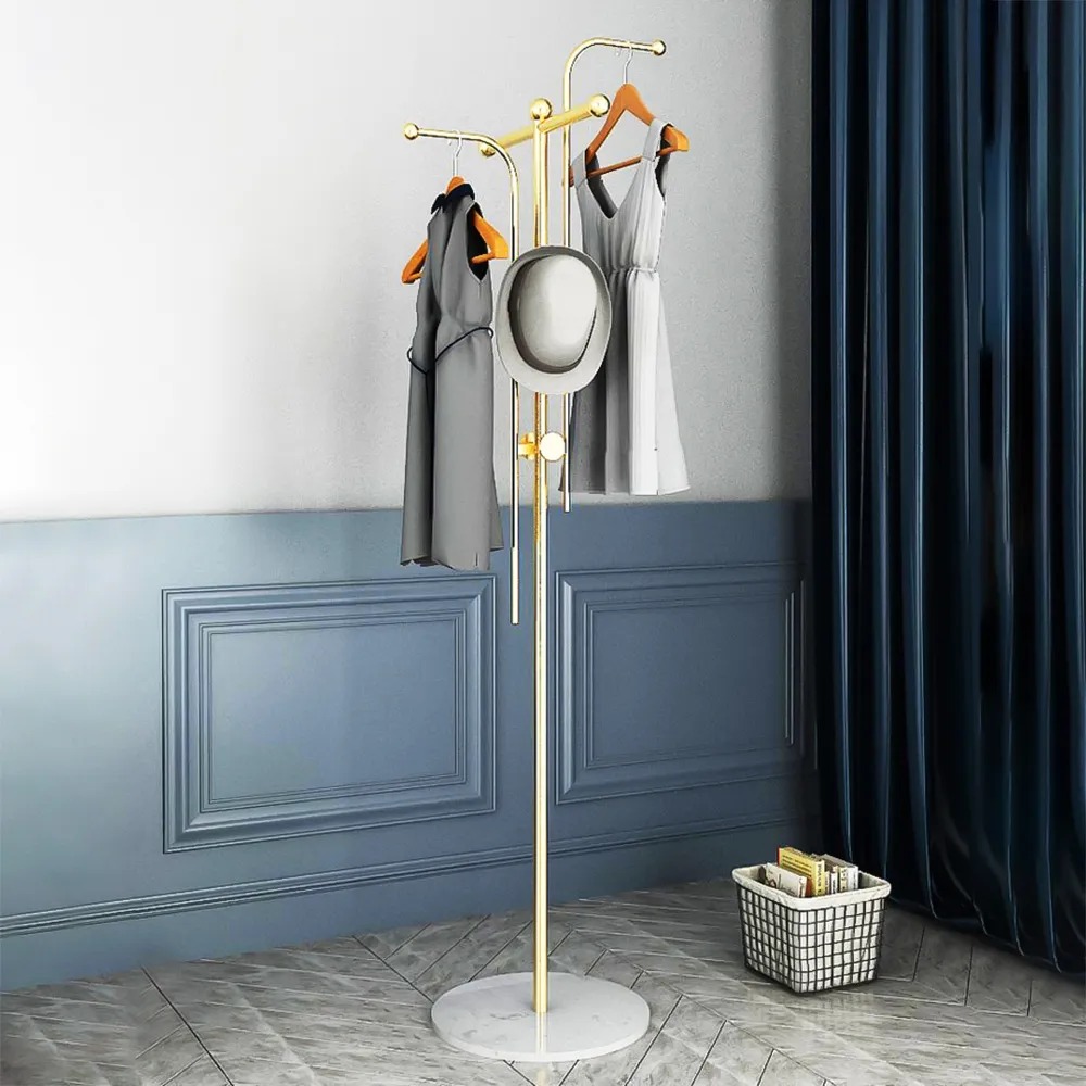 66.9"H Geometric Standing Coat Rack with Faux Marble Base Clothing Rack Nordic Metal Hall Tree Artistic Gold window image
