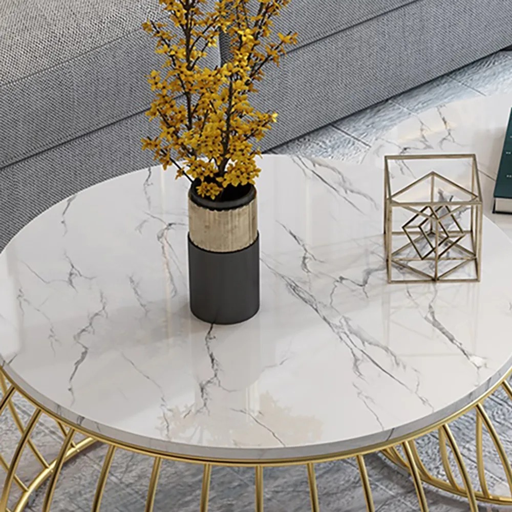 Modern Round Coffee Table Sets with Marble Top & Metal Frame 2-Piece White window image