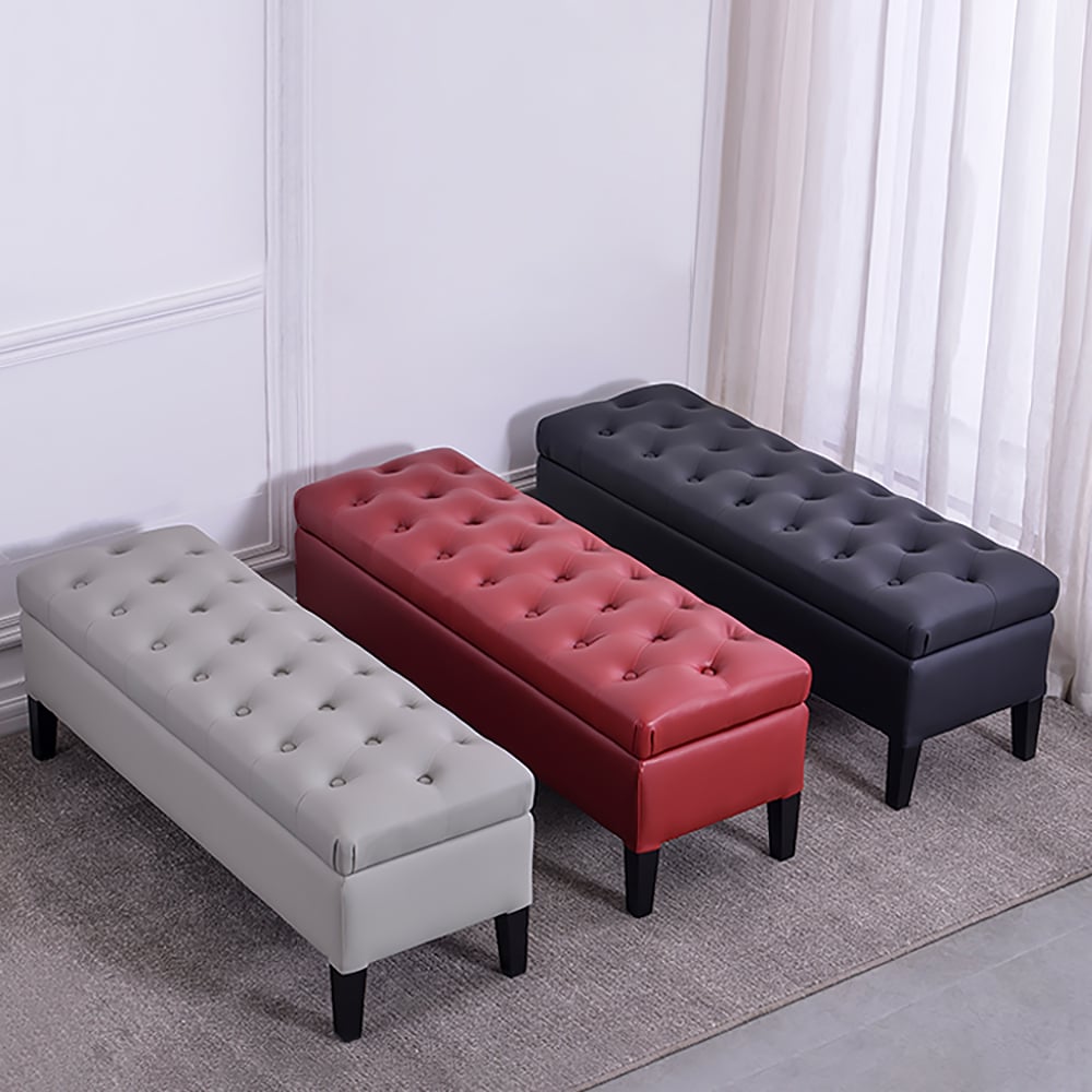 Modern Grey Flip Top Bench Tufted Upholstered PU Leather Entryway Storage Stool window image