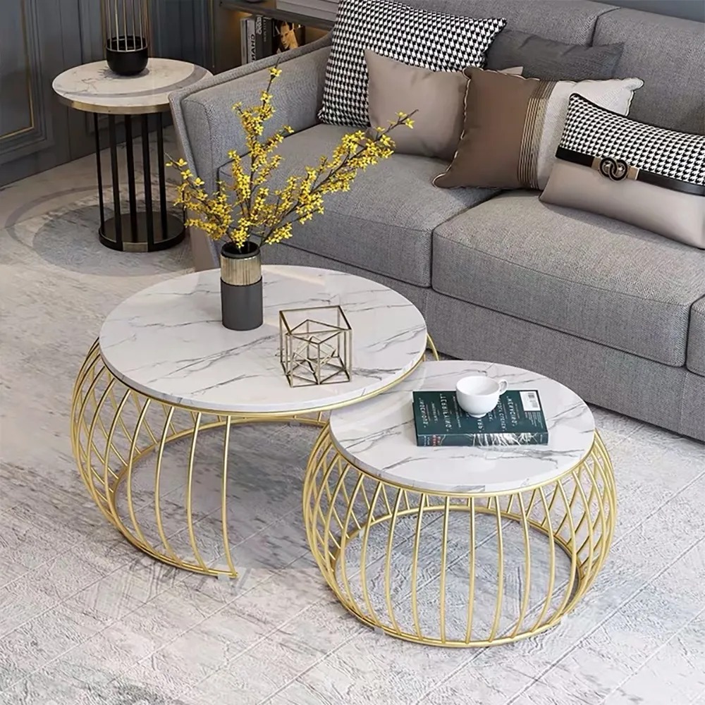 Modern Round Coffee Table Sets with Marble Top & Metal Frame 2-Piece White window image