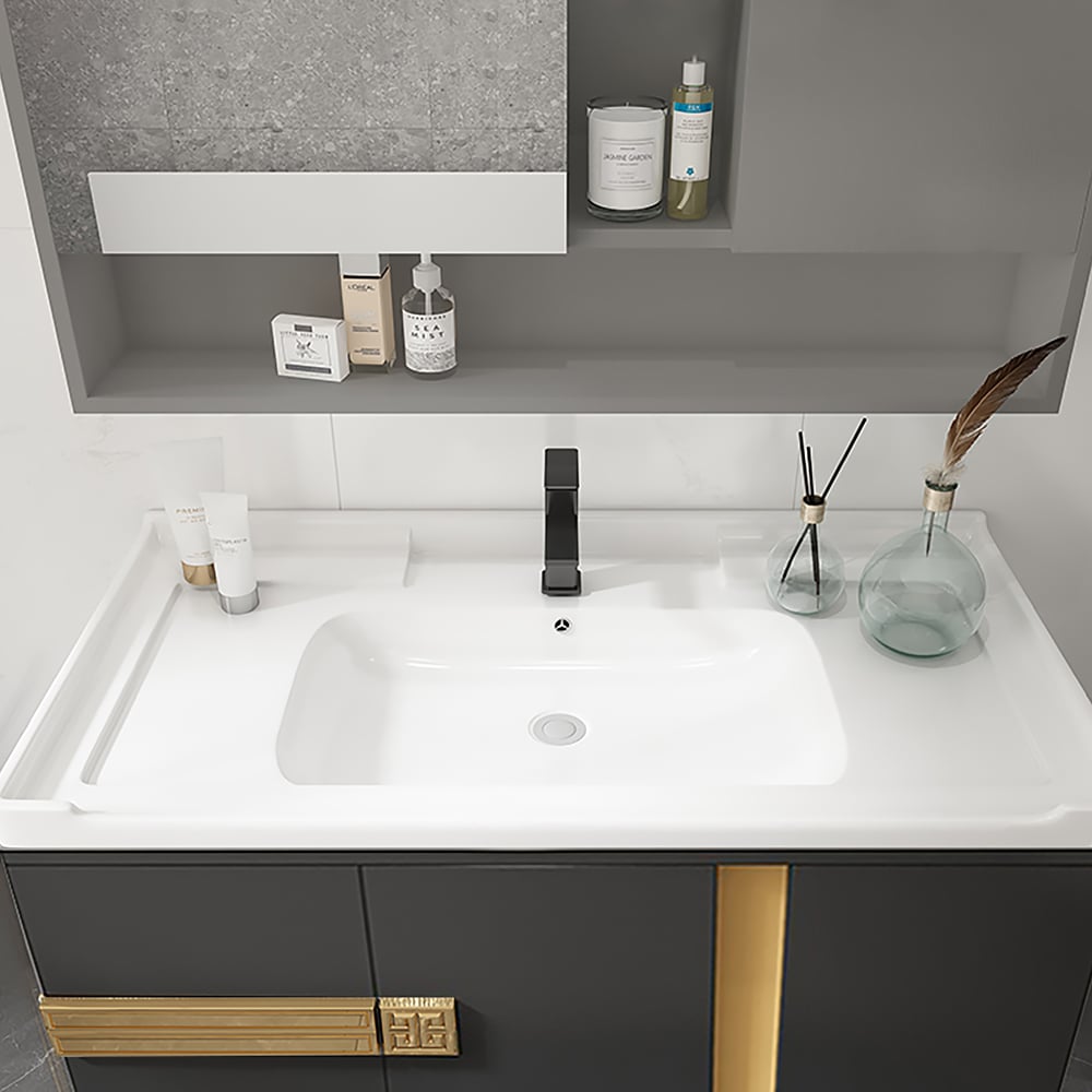 Meuble de salle de bain suspendu noir 1020 mm avec vasque encastrable en céramique avec poignées dorées image de fenêtre