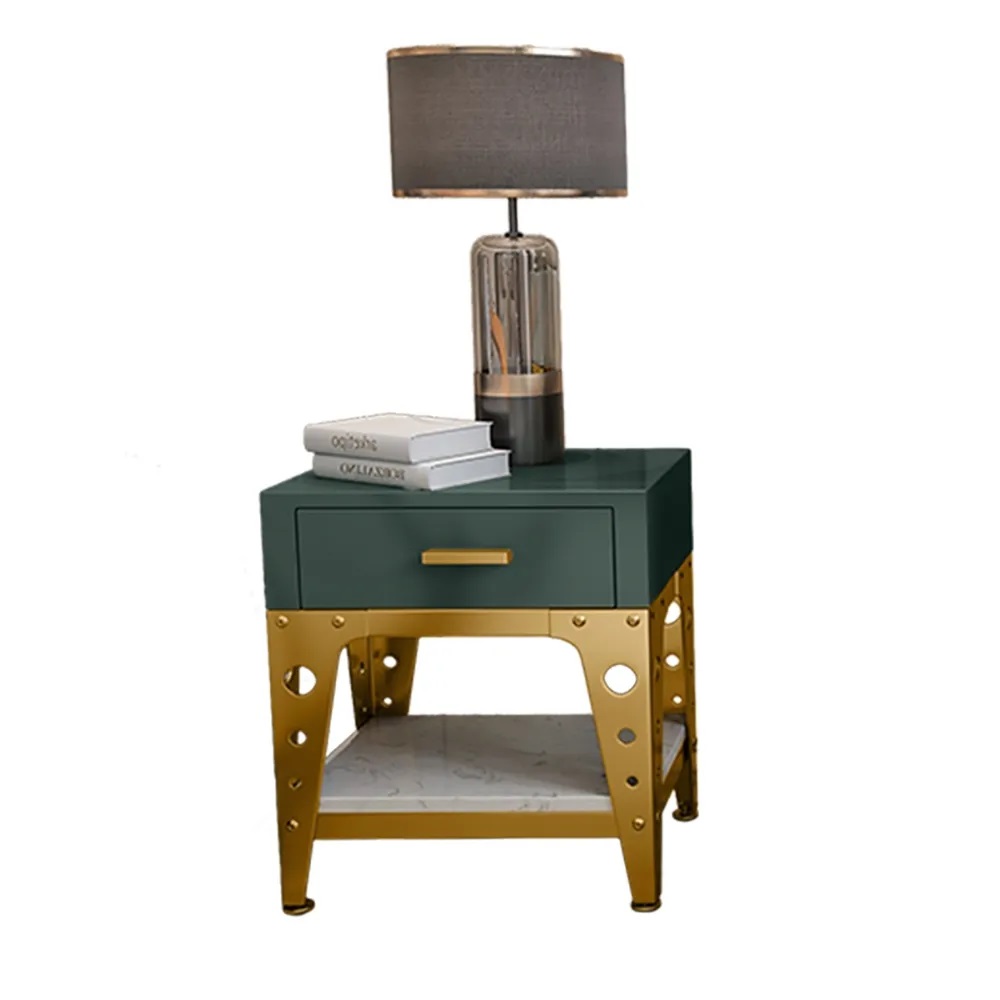 Modern Green Nightstand Faux Marble Bedside Table with Drawer & Shelf in Gold window image