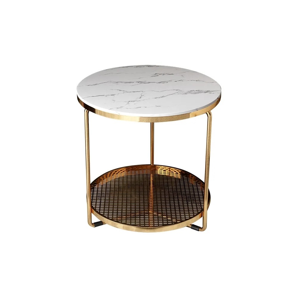 2-Tiered White Modern Round End Table with Shelf Metal Base window image