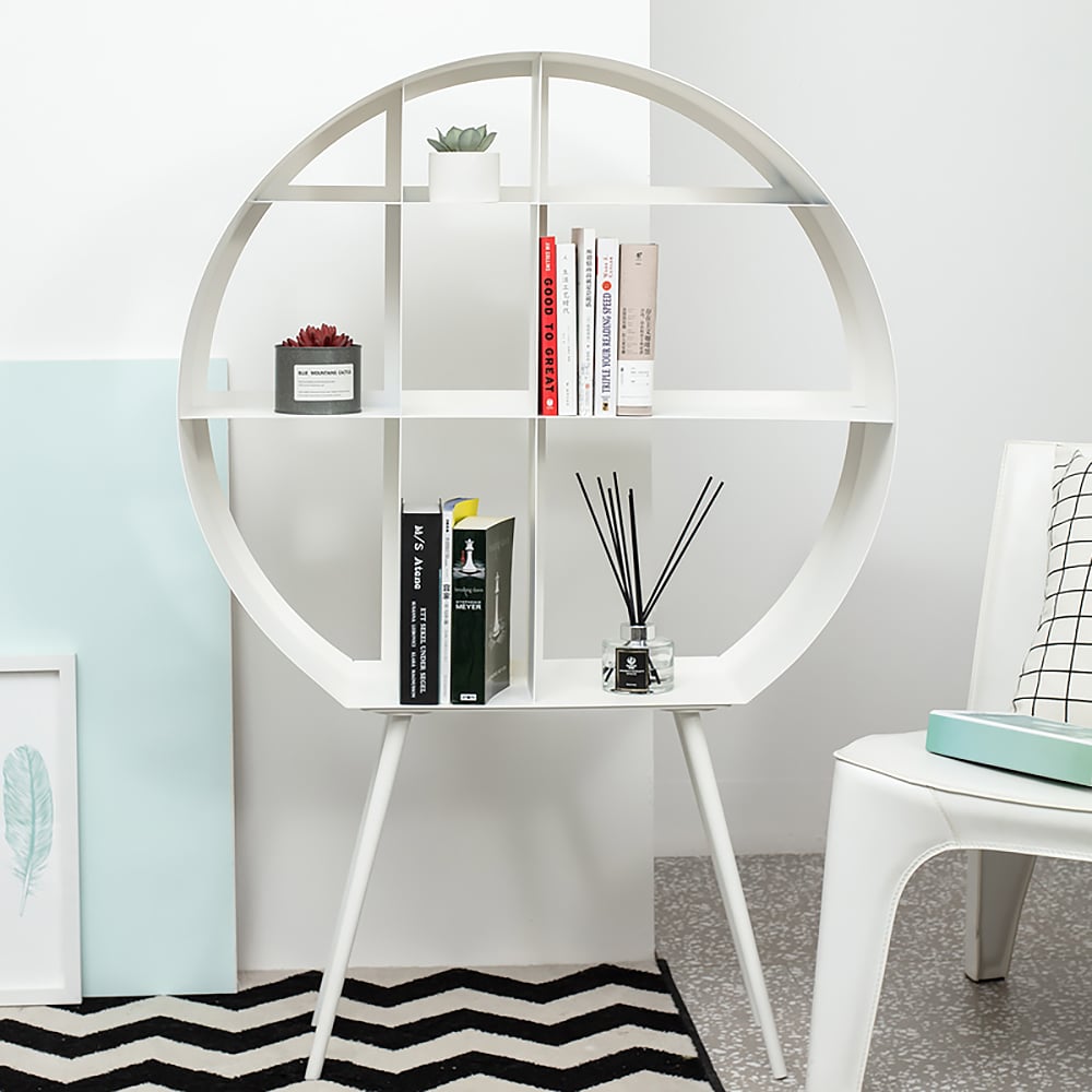 White Standing Bookcase Round Display Storage Shelf Metal Tapered Leg 31.5"W x 8.4"D x 45.7"H window image