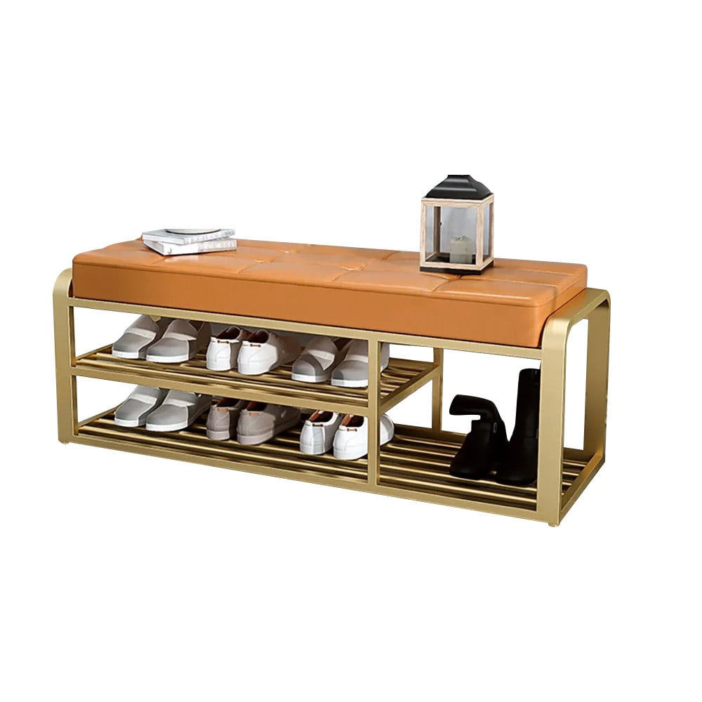 Tufted Bench Upholstered Leather Modern Bench 2-Tier Shoes Storage Bench window image