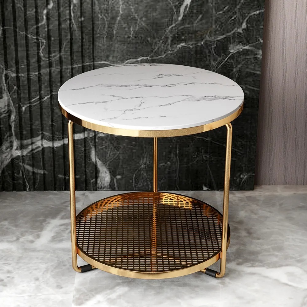 2-Tiered White Modern Round End Table with Shelf Metal Base window image