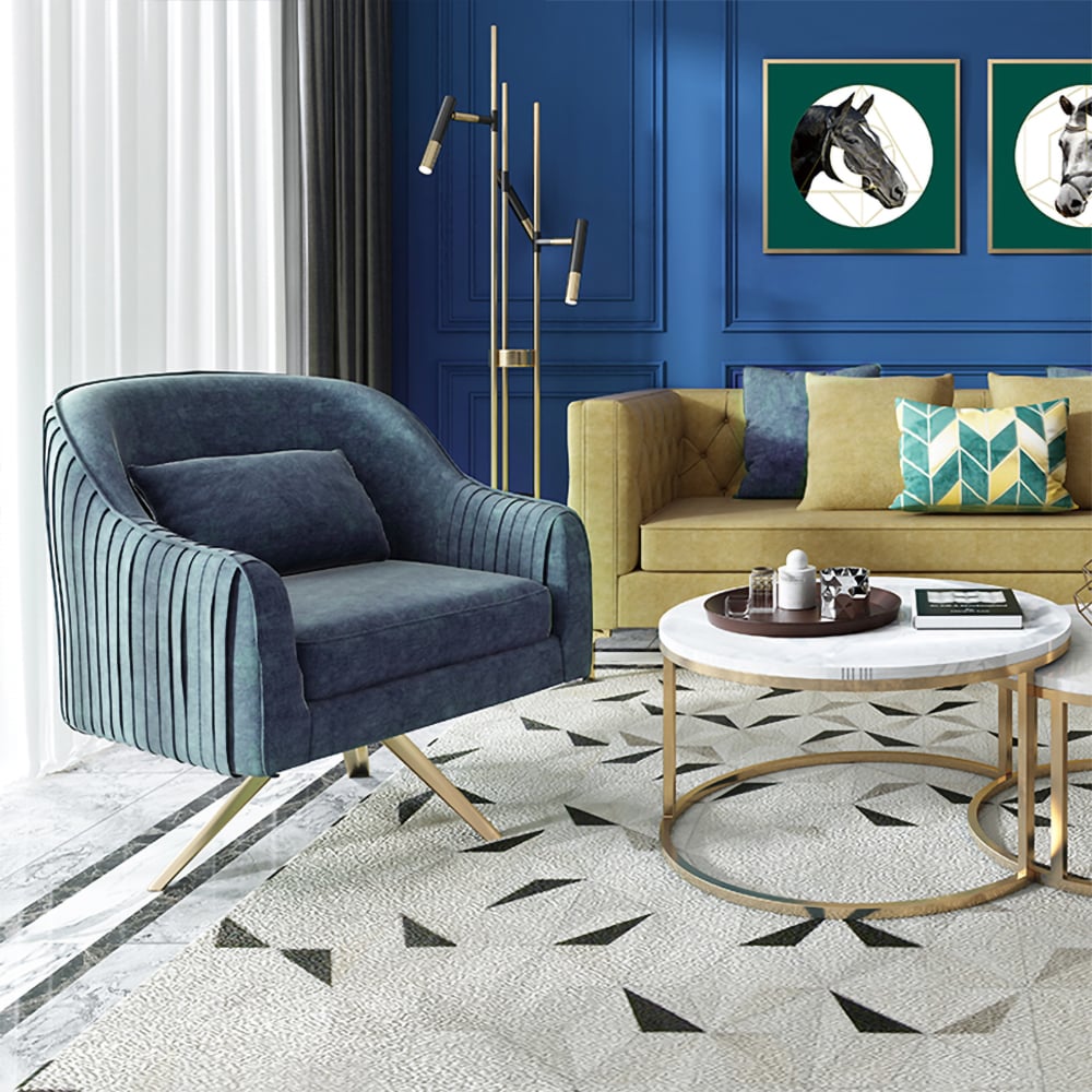 Blue Velvet Accent Chair Modern Upholstered Arm Chair Pillow Included window image