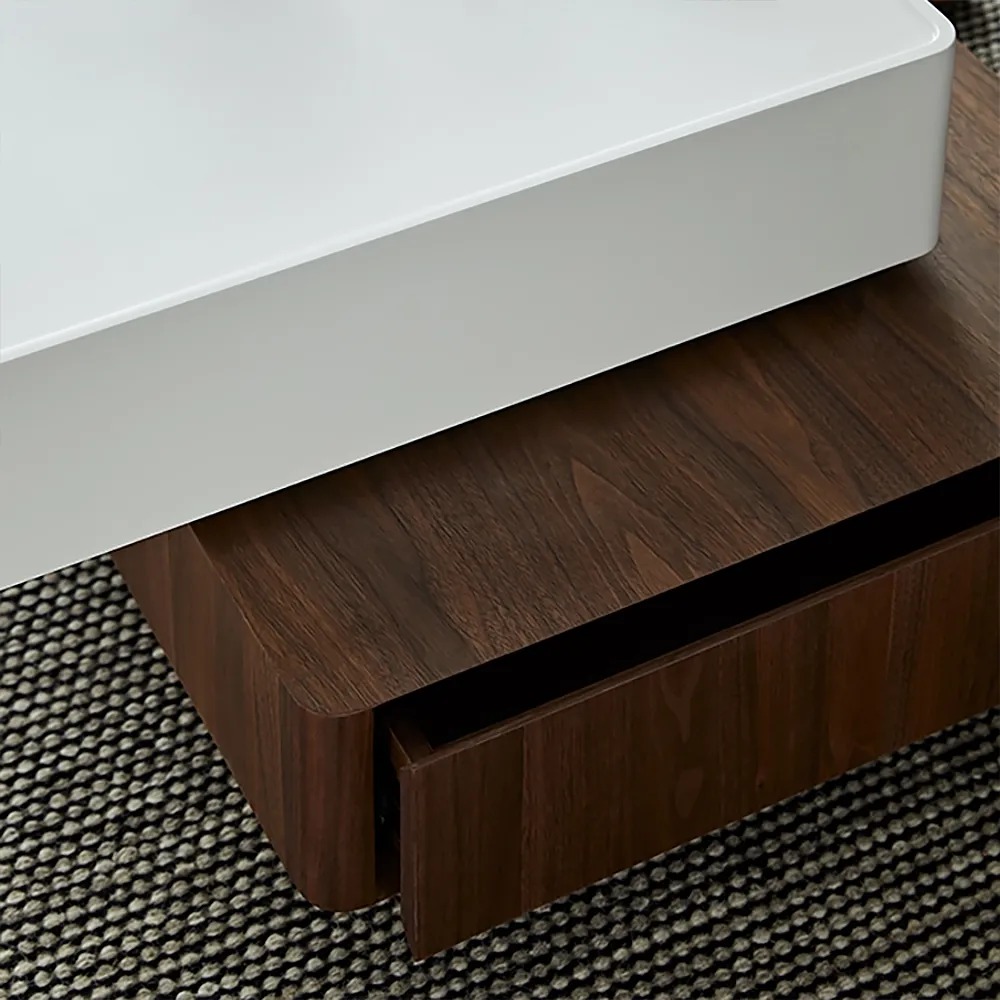 White&Walnut Square Rotating Coffee Table Modern Accent Table with 2-Drawer window image