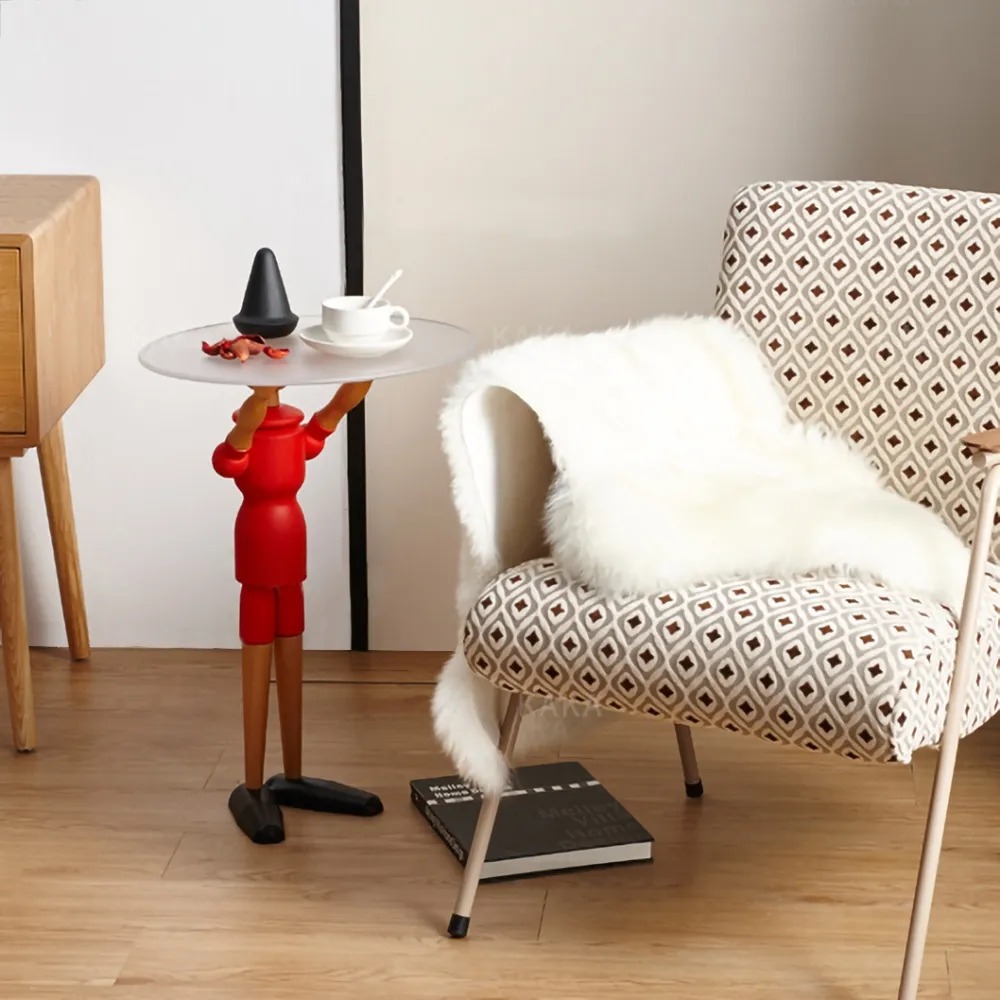 Red Standing Puppet End Table Oval Top Side Table Beech Wood window image
