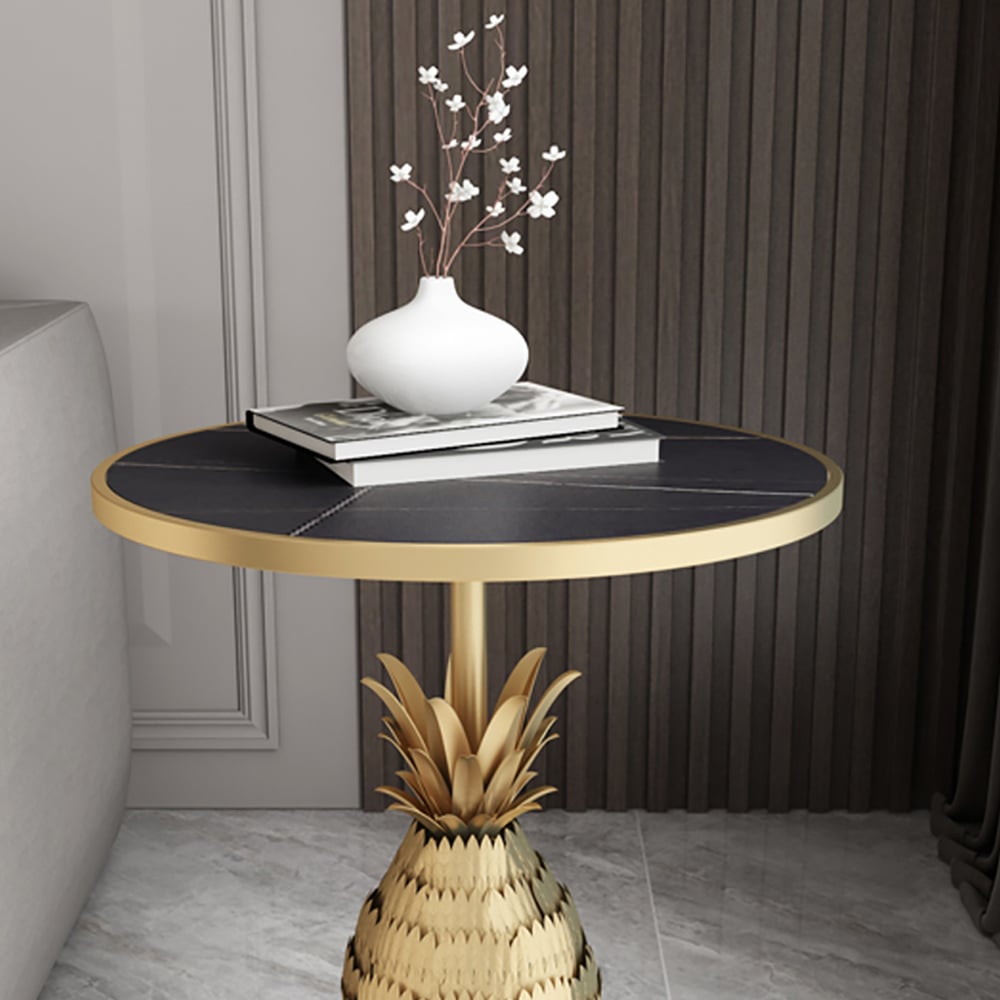 Table d'extrémité noire en pierre et base en métal Table d'appoint ronde  image de fenêtre