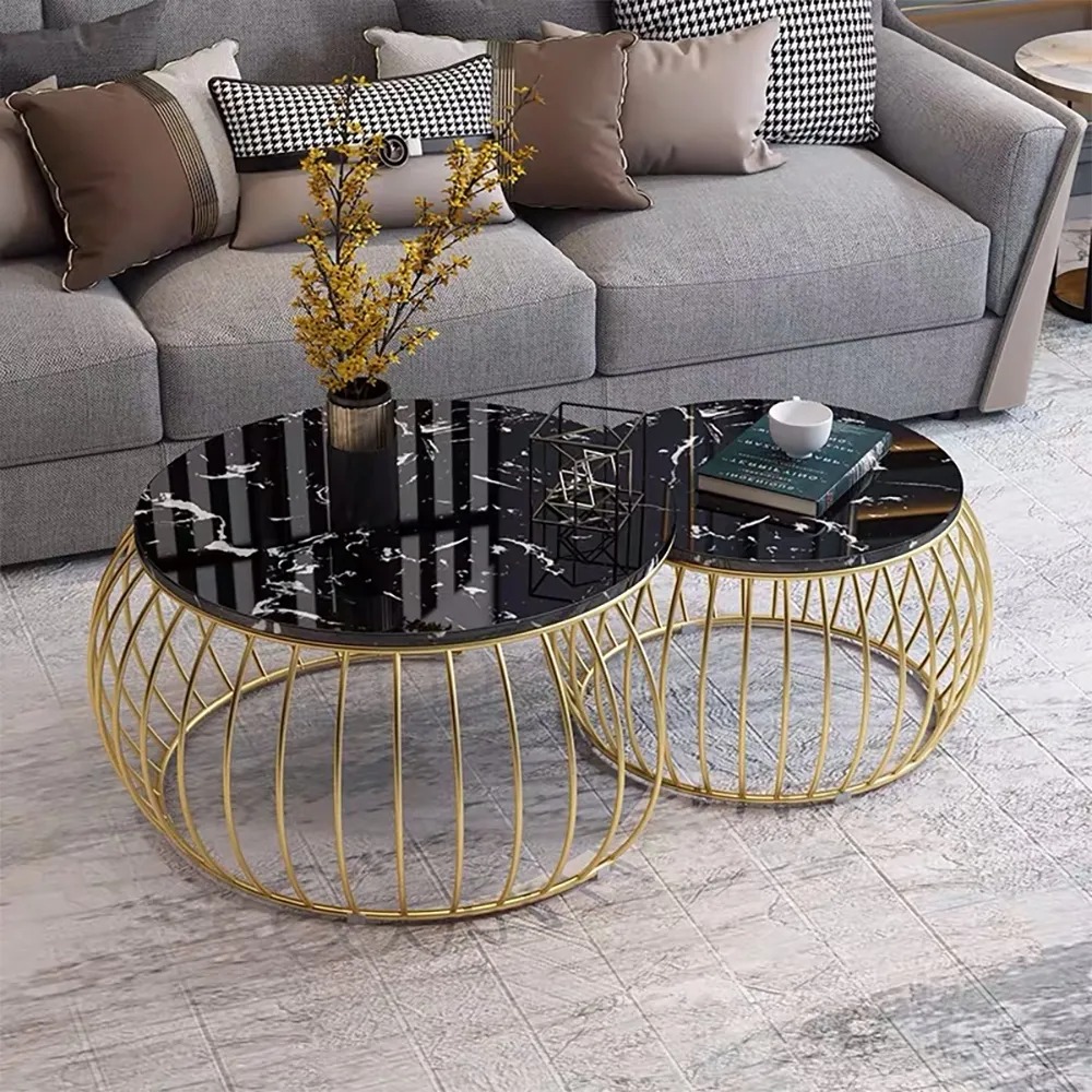 Modern Round Coffee Table Set with Marble Top & Metal Frame 2-Piece Black window image