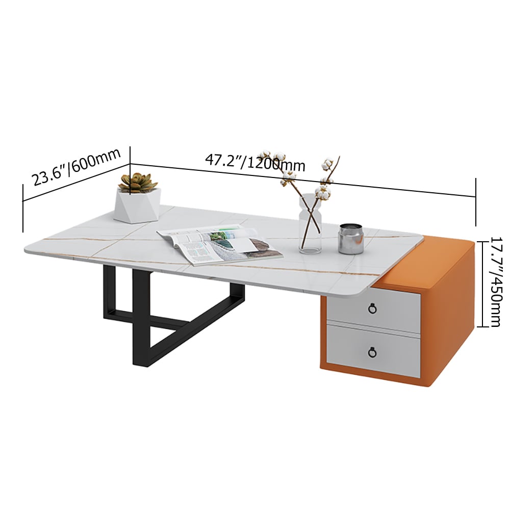 Modern White Coffee Table with Drawer in Sintered Stone Top & Metal Frame window image