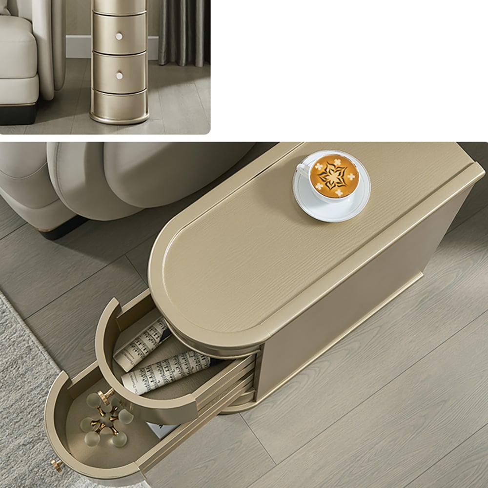 Schmaler Beistelltisch aus Holz mit 2 Schubladen in Gold Schaufensterbilder