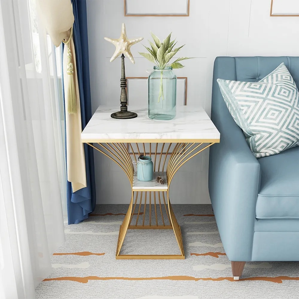 2-Tiered White Side Table with Storage with Marble Top Metal Frame window image