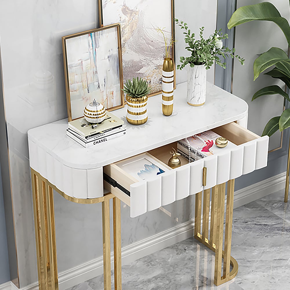 White Modern Console Table with Drawers Marble Top & Metal Frame window image