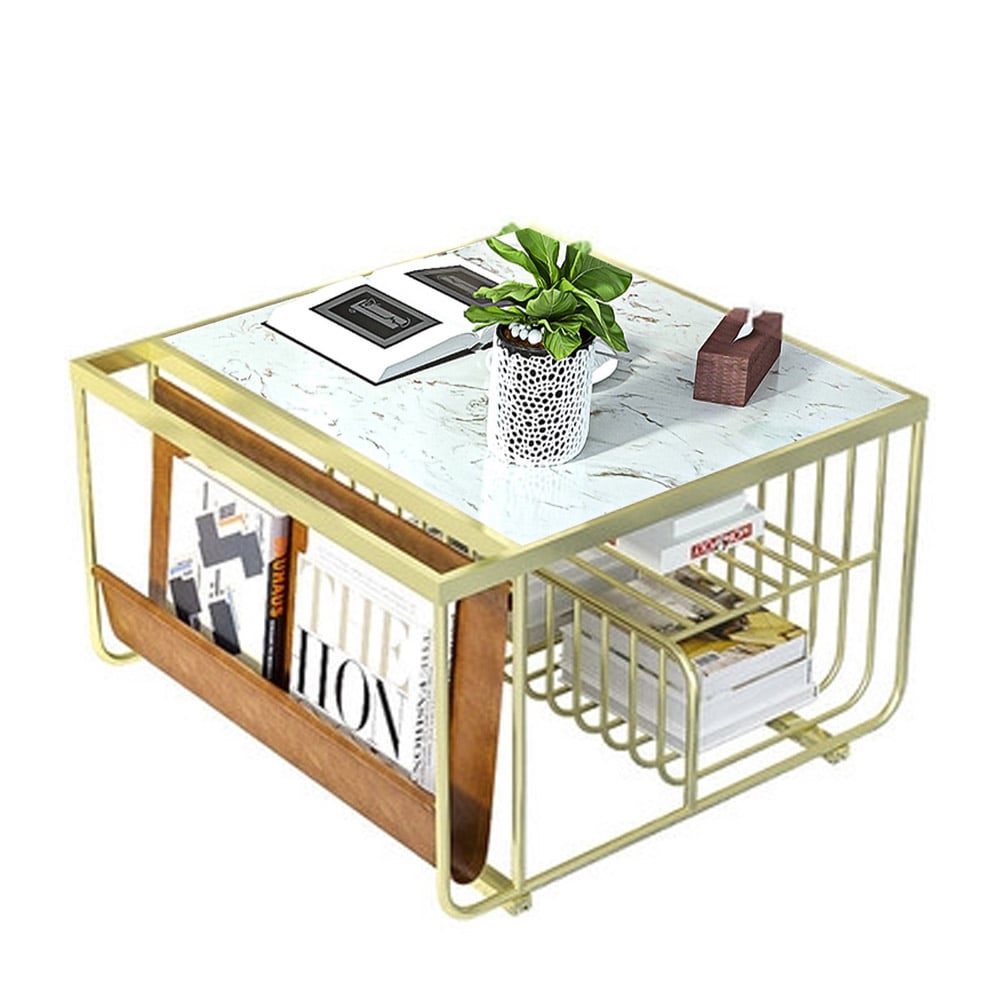 Modern Coffee Table with Shelves & Storage Marble Top White window image