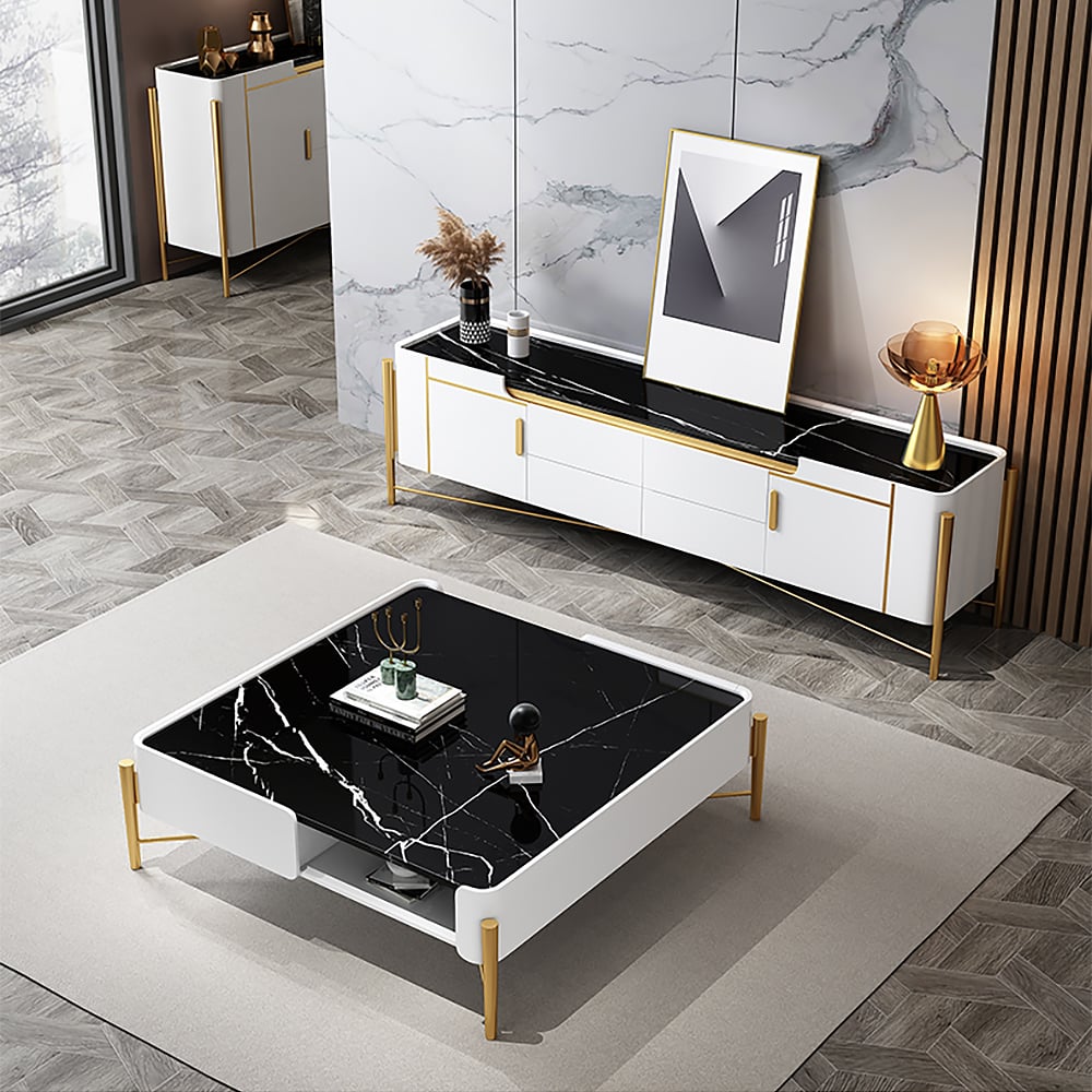 Meuble TV blanc et noir pour téléviseurs jusqu'à 75 pouces en or avec rangement supérieur en faux marbre, 2 portes et 4 tiroirs image de fenêtre