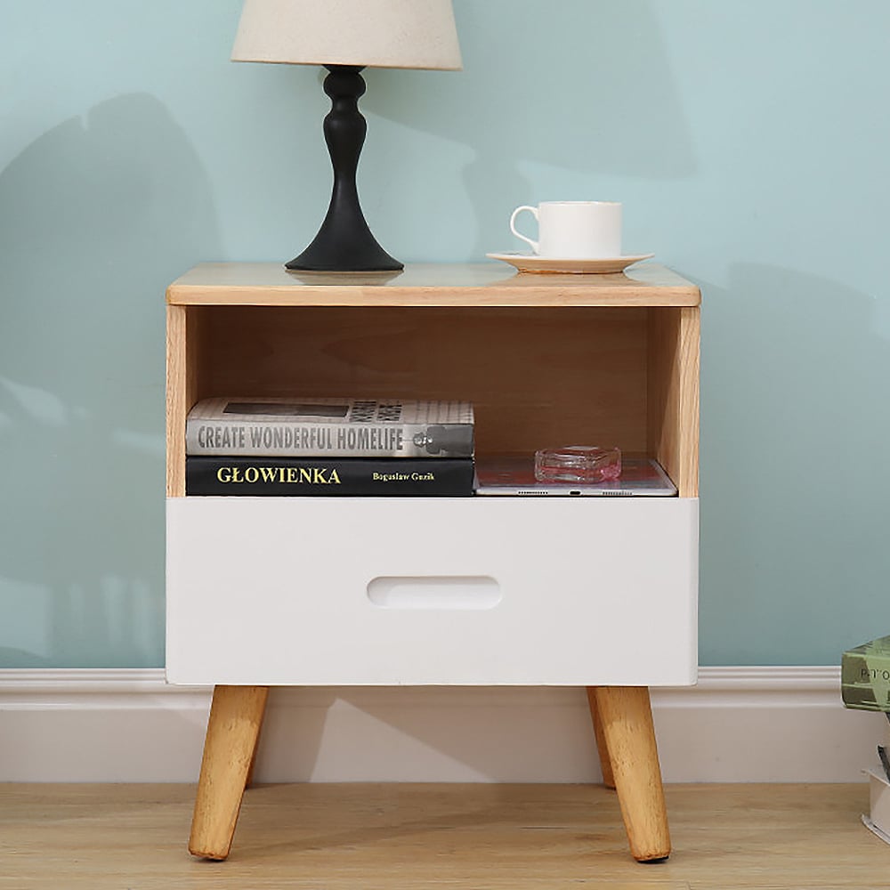 Nordic White Nightstand 1-Drawer Bedside Table with Legs window image