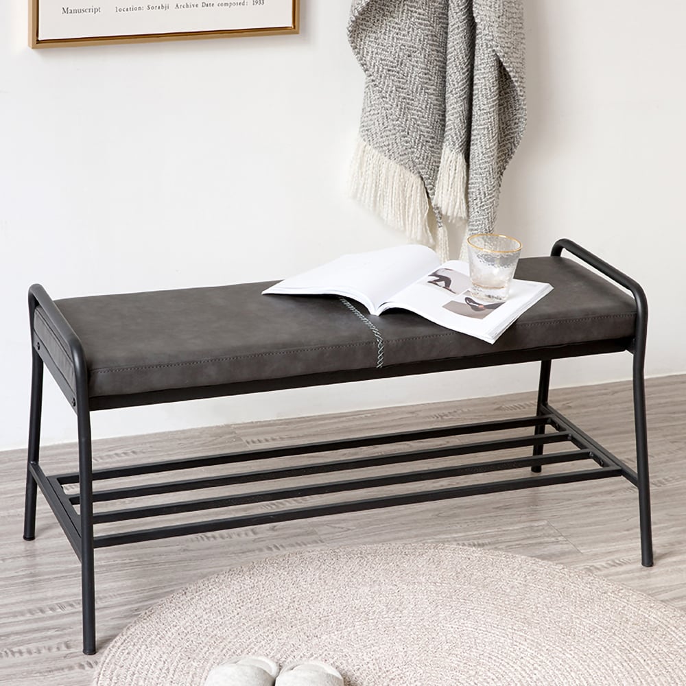 Modern Grey Upholstered Bench with Shoe Storage Shelf for Hallway in Metal Black window image