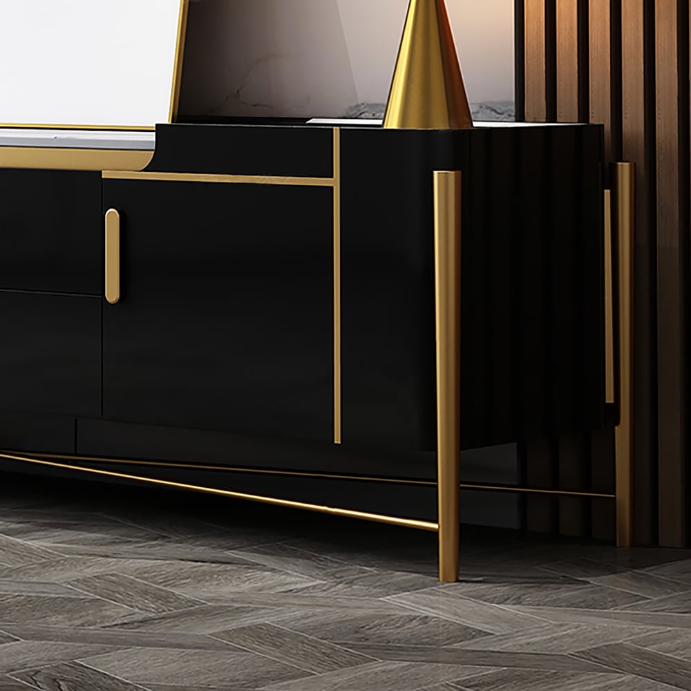 Meuble TV blanc et noir pour téléviseurs jusqu'à 75 pouces en or avec rangement supérieur en faux marbre, 2 portes et 4 tiroirs image de fenêtre