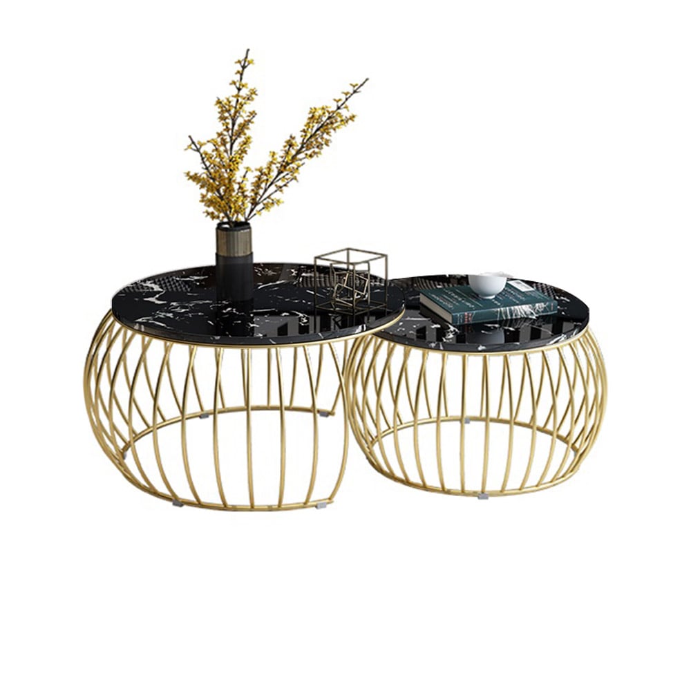 Modern Round Coffee Table Set with Marble Top & Metal Frame 2-Piece Black window image