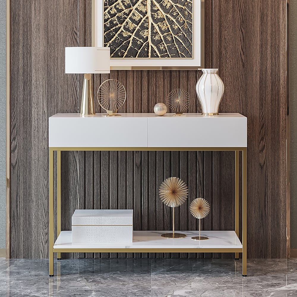 White Console Table with Drawers & Shelf Metal Frame window image