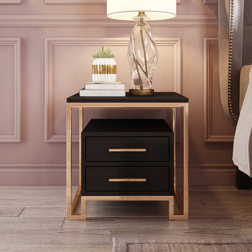 Black Side Table with Two-Drawer End Table Stainless Steel in Gold window image