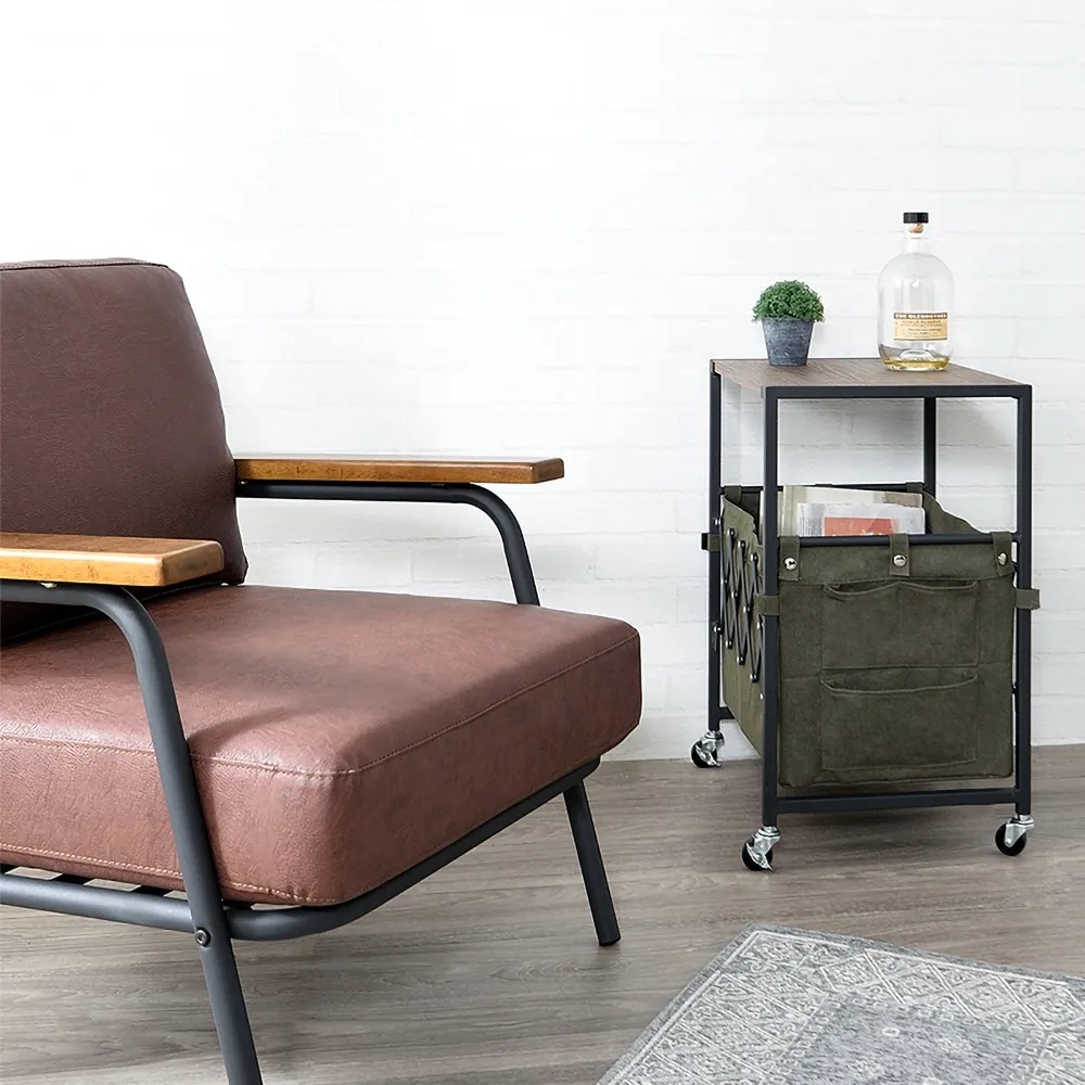 Green End Table with Bin Storage Side Table with Wheels window image