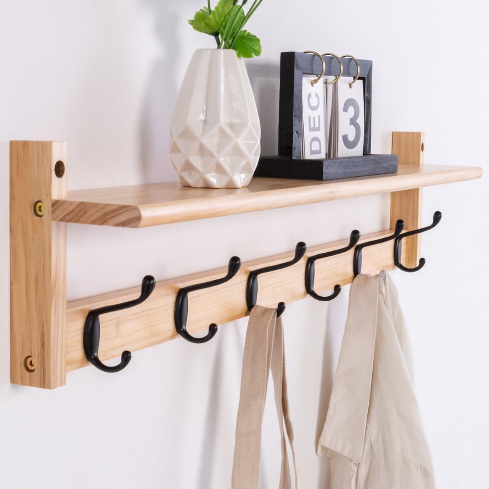 30" Natural Wall Mounted Hanging Storage Shelf with 6 Metal Hooks window image