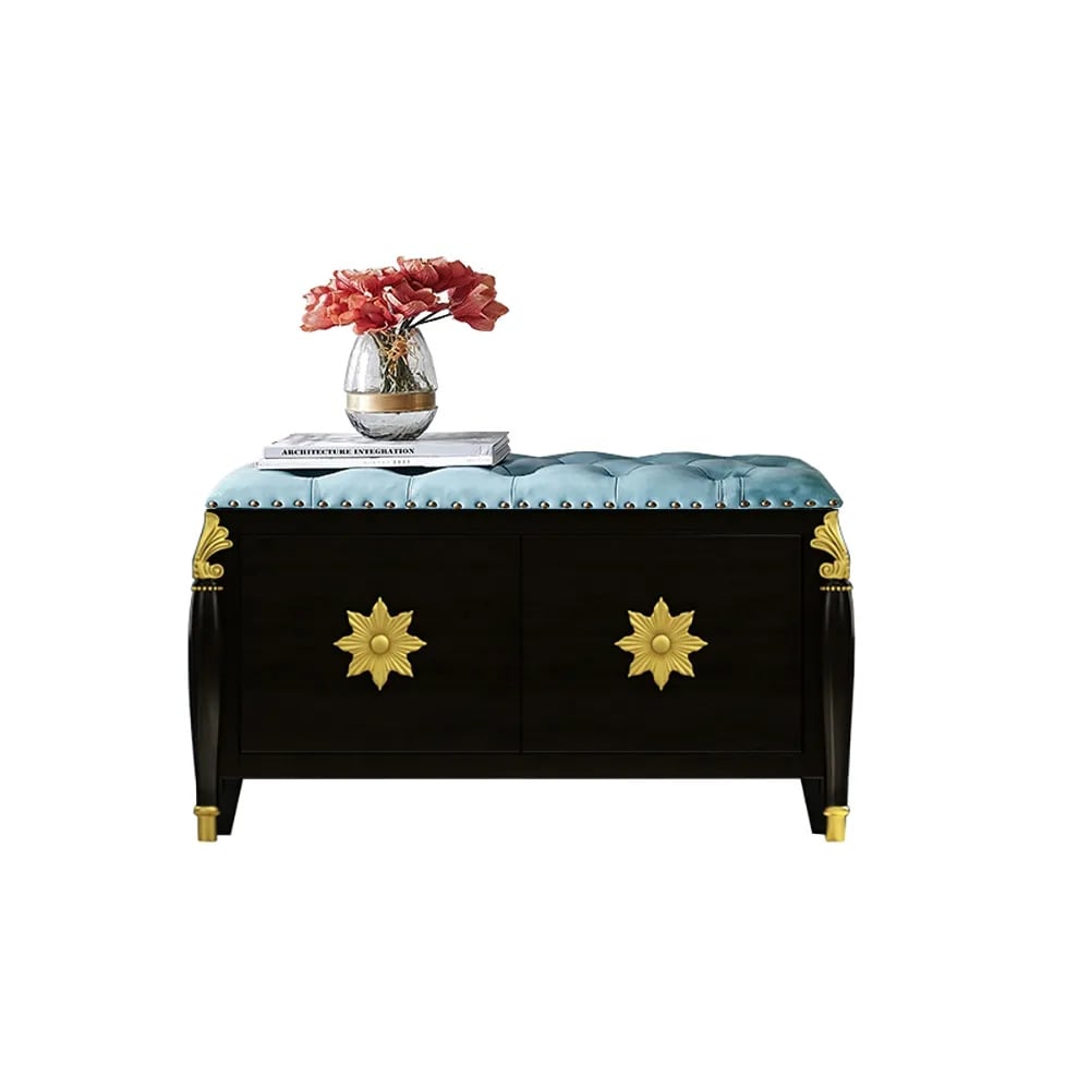 31.5'' Blue Retro Storage Bench Shoe Rack with Leather Upholstered Seat window image