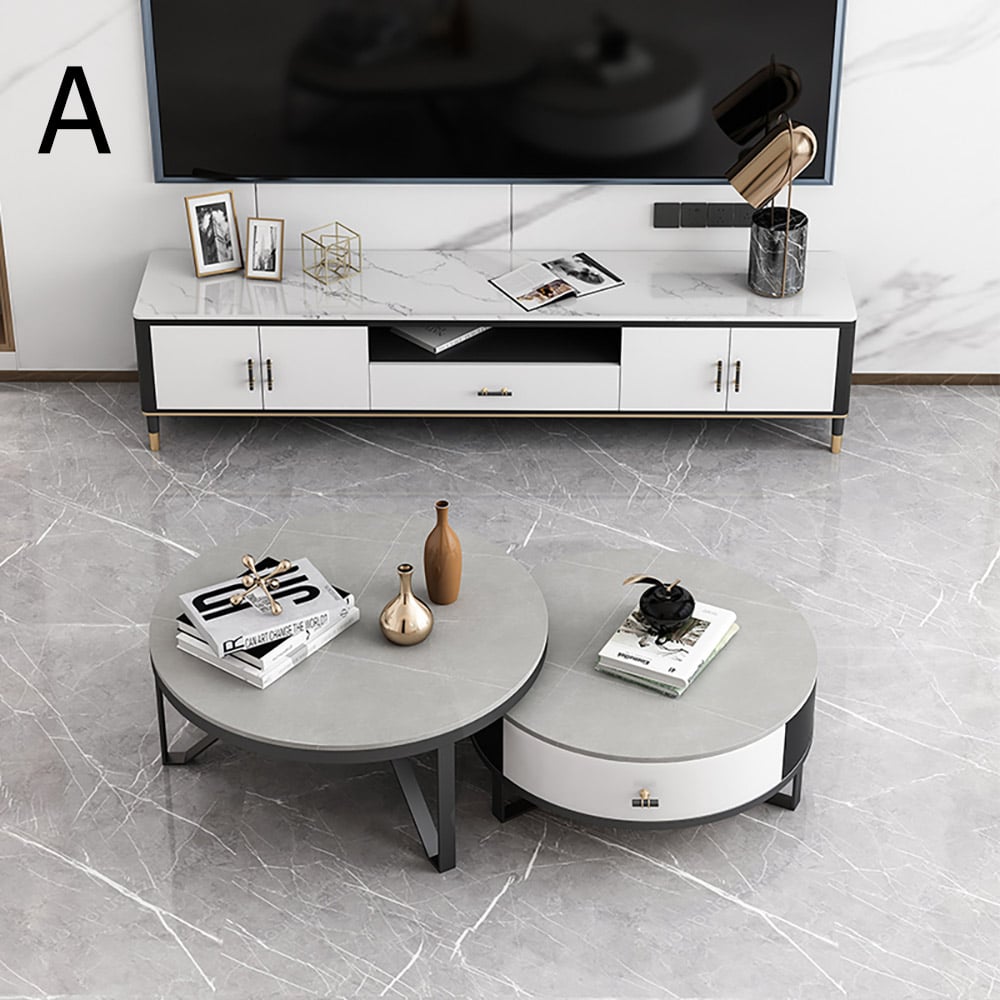 Style A 2-Piece Round Coffee Table Set with Drawer Sintered Stone Top & Metal Base window image