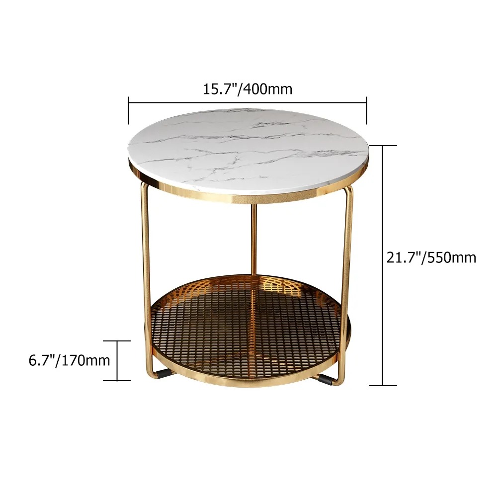2-Tiered White Modern Round End Table with Shelf Metal Base window image