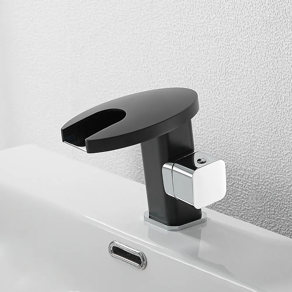 Mitigeur de lavabo de salle de bain à LED à bec rond en laiton massif noir et chrome image de fenêtre