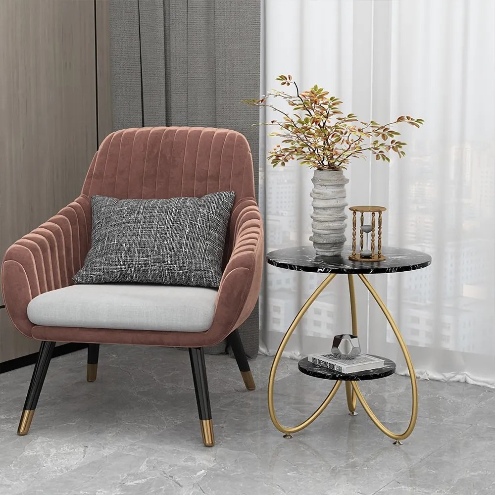 Black End Table 2-Tiered with Shelf Marble Top Side Table Metal window image