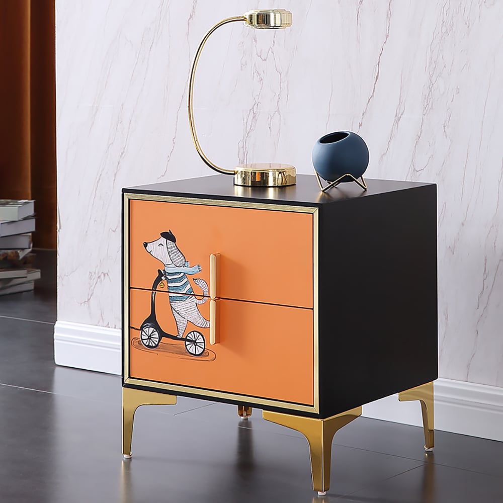 Orange & Black Nightstand with 2 Drawers Contemporary Paint Pattern Gold Pulls window image