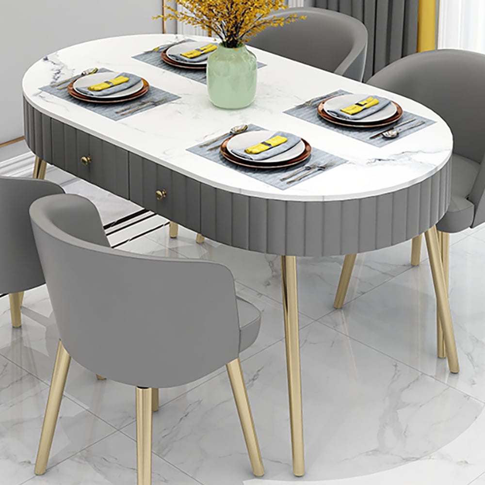 Grey Oval Dining Table with Drawer Marble Top & Metal Legs window image