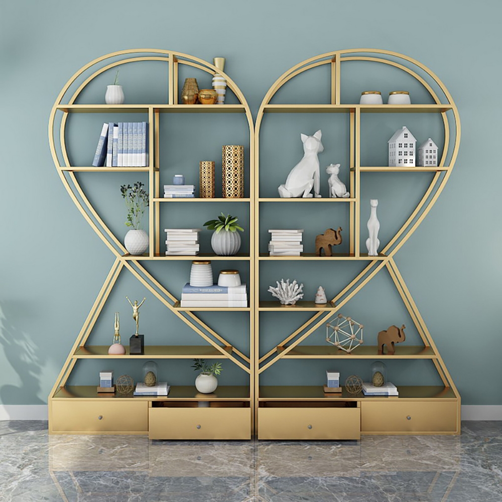 Unique Gold Metal Etagere Bookshelf with 2 Drawers Piece 1 window image