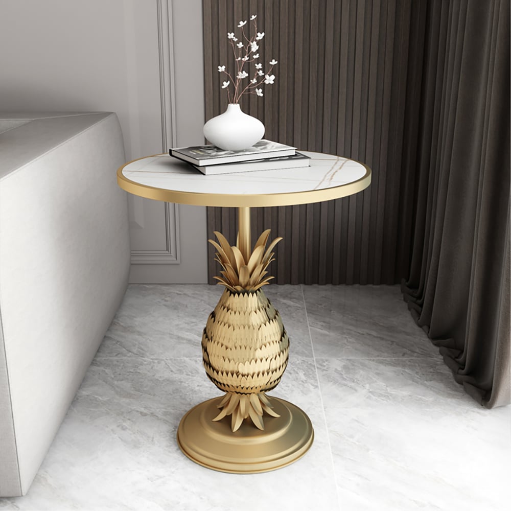 Table d'extrémité blanche en pierre et base en métal Table d'appoint ronde  image de fenêtre